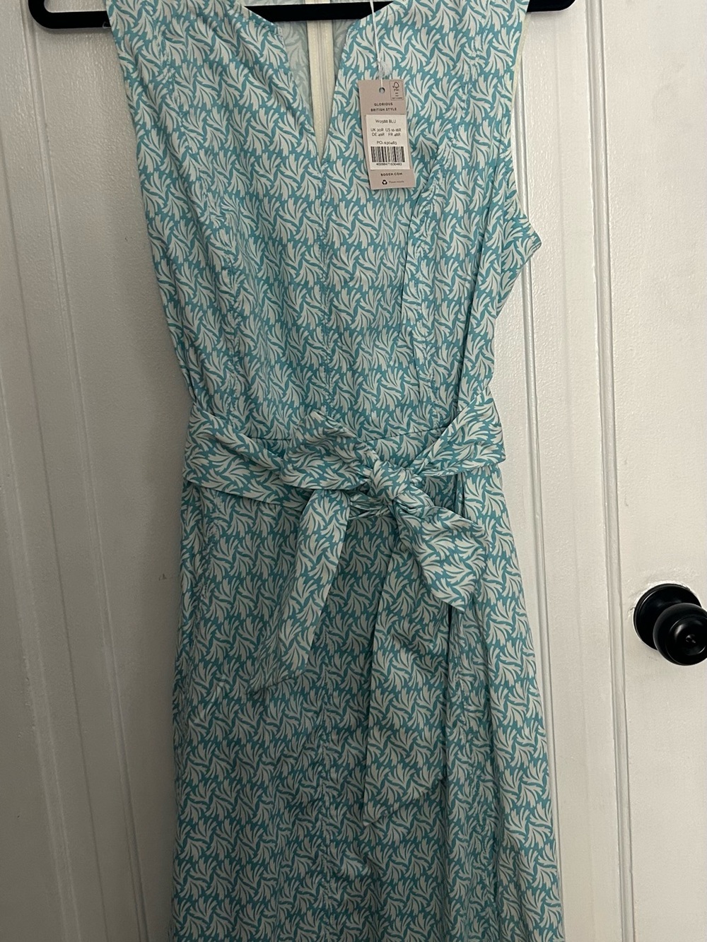 Boden Blue and White Printed Tie-Waist Midi Dress